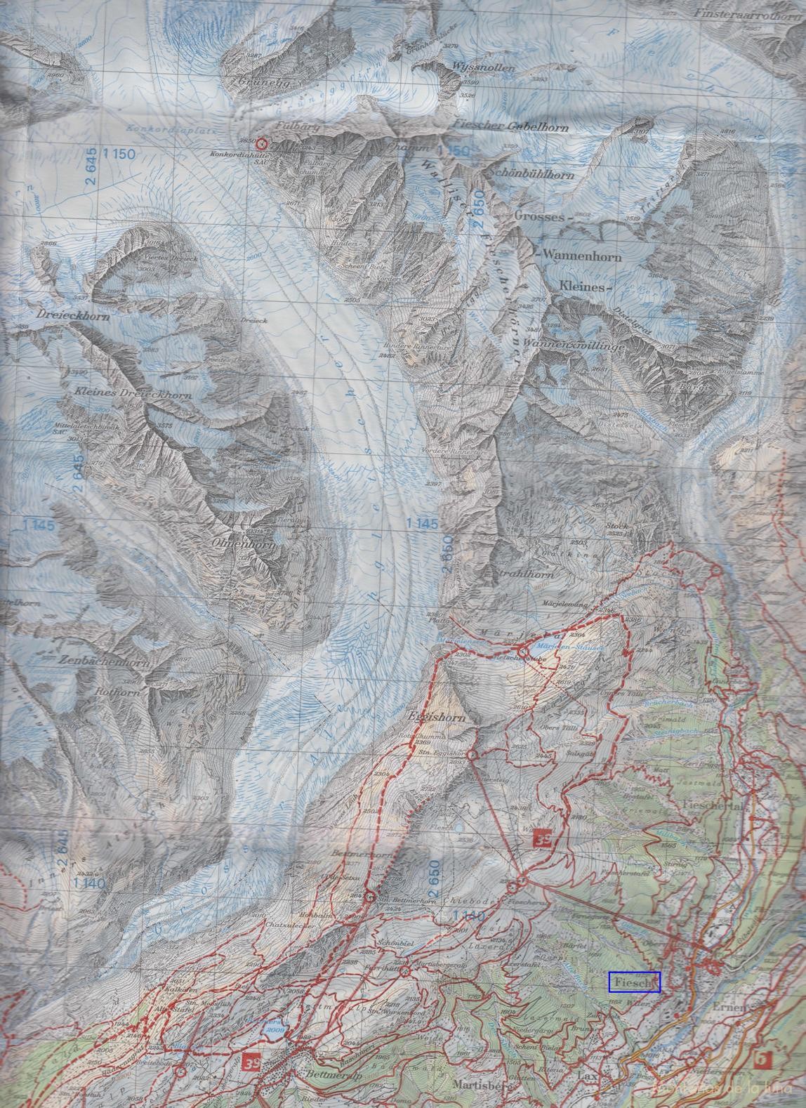 Mapa croquis de situación de la población Fiesch con respecto al Glaciar Aletsch